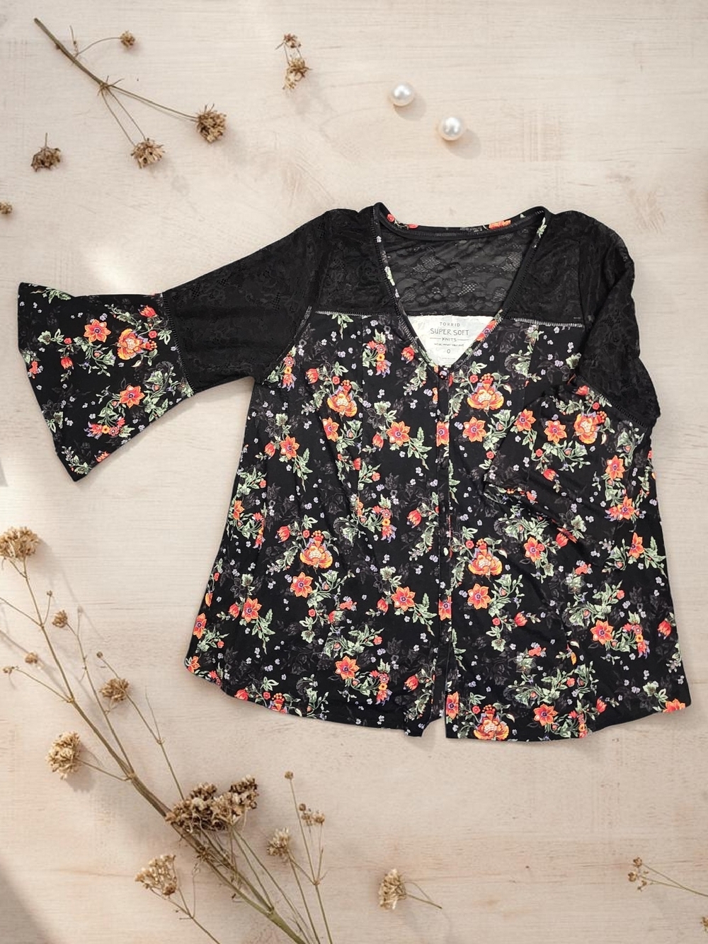 torrid Black Floral V-Neck Blouse with Lace Yoke - Picture 1 of 8